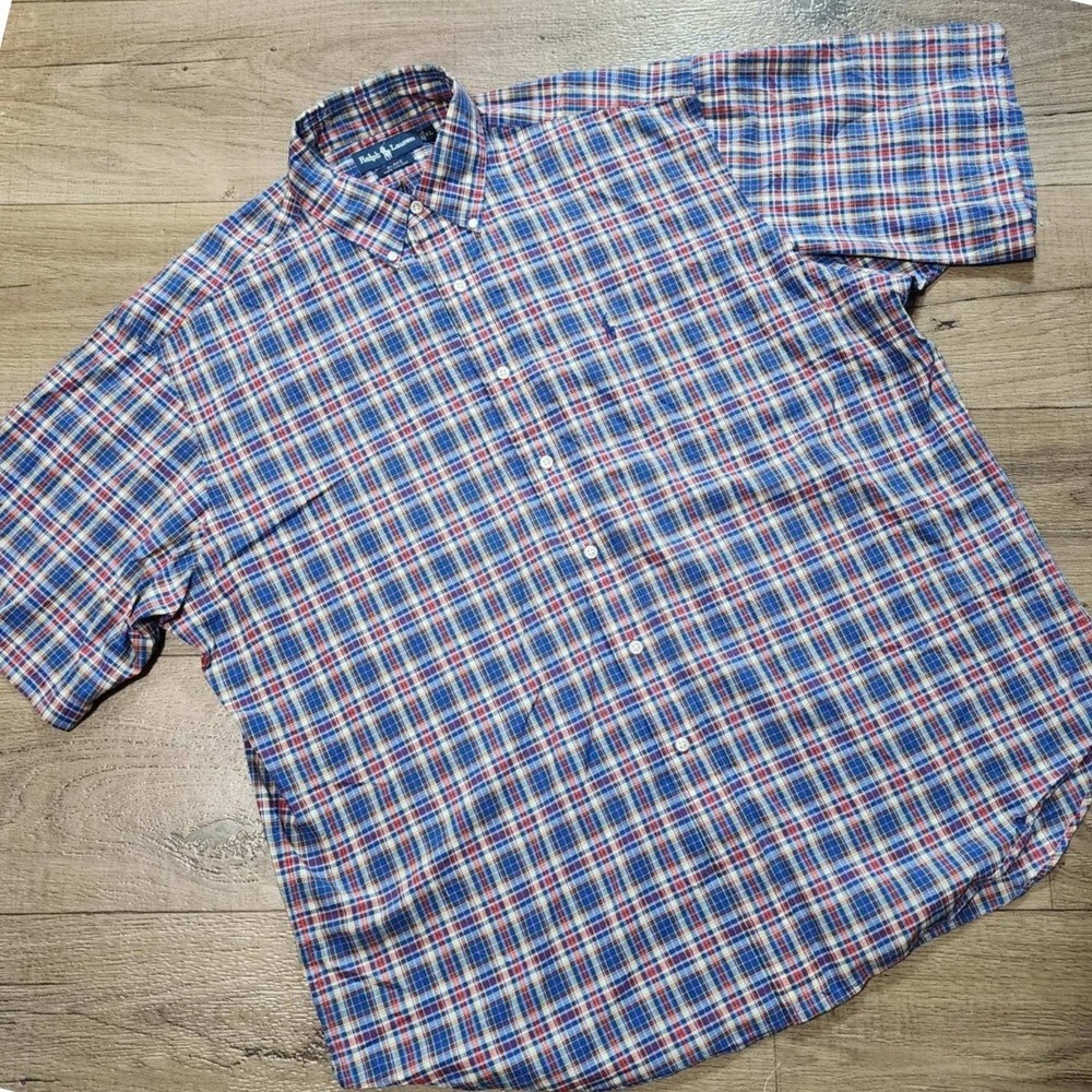 Ralph Lauren Blake Mens XL Short Sleeve Plaid Button Down Shirt Blue Red Cotton